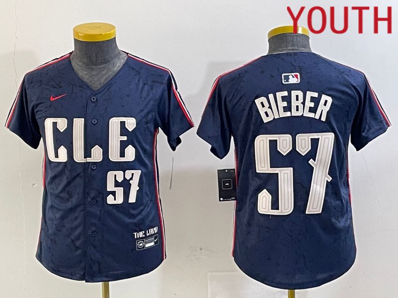 Youth Cleveland Indians #57 Bieber Blue City Edition Nike 2024 MLB Jersey style 4